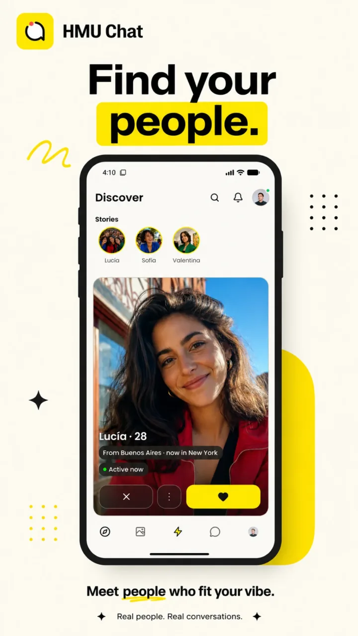 HMU Discover: profiles of people who are active now, with stories along the top