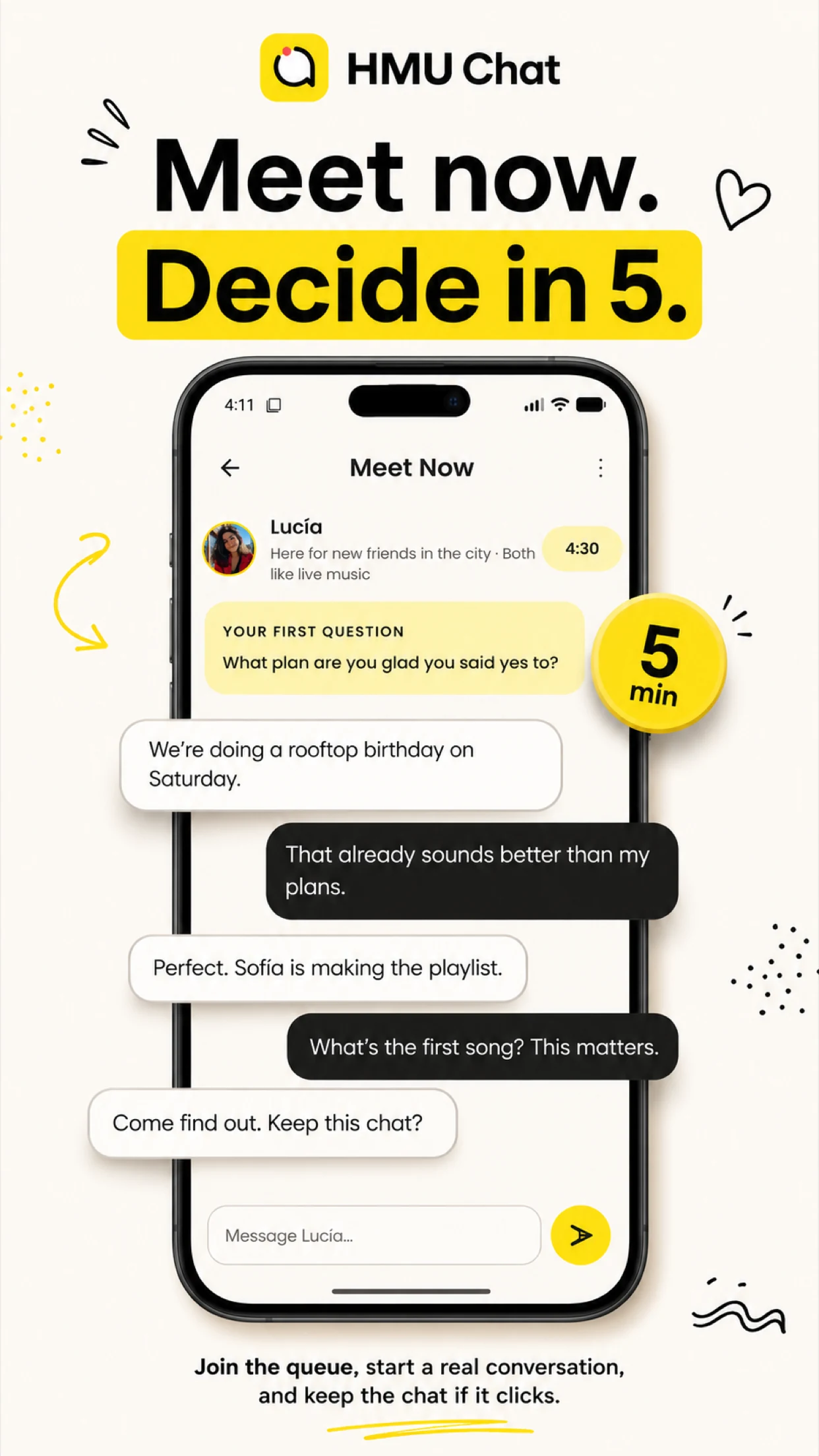 HMU Meet Now: two people answer the same first question with a five-minute timer, then choose whether to keep the chat